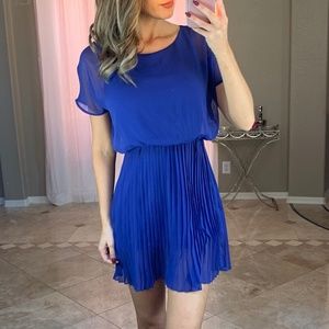 Lush Blue Crepe Pleated Short Sleeve Mini Dress XS
